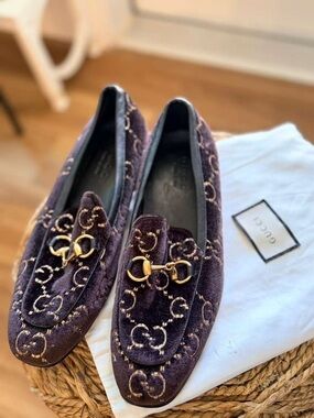 Gucci GG Velvet Horsebit Loafers Brown UNISEX Size 41 Authentic